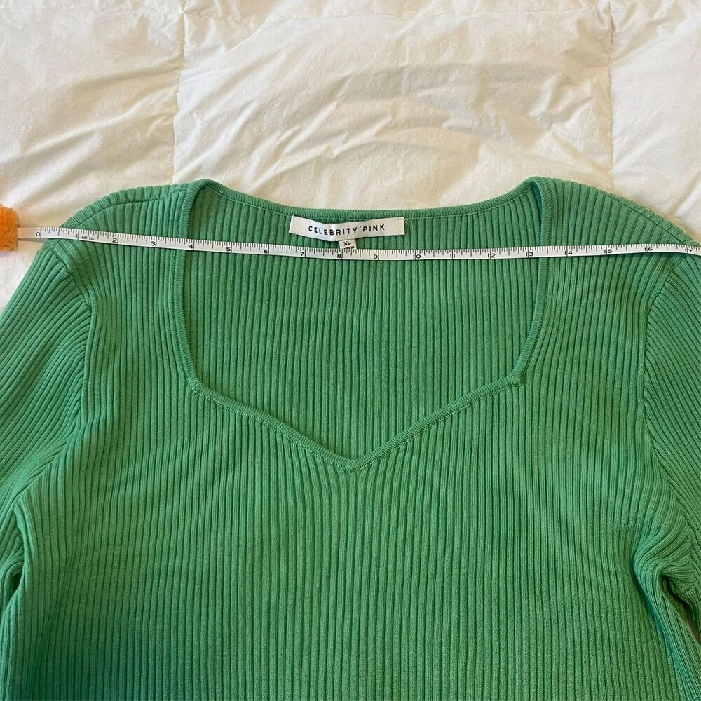 Ladies Celebrity Pink Ribbed Crop Top Long Sleeve Size XL Light Green Y2K Casual - Picture 5 of 9